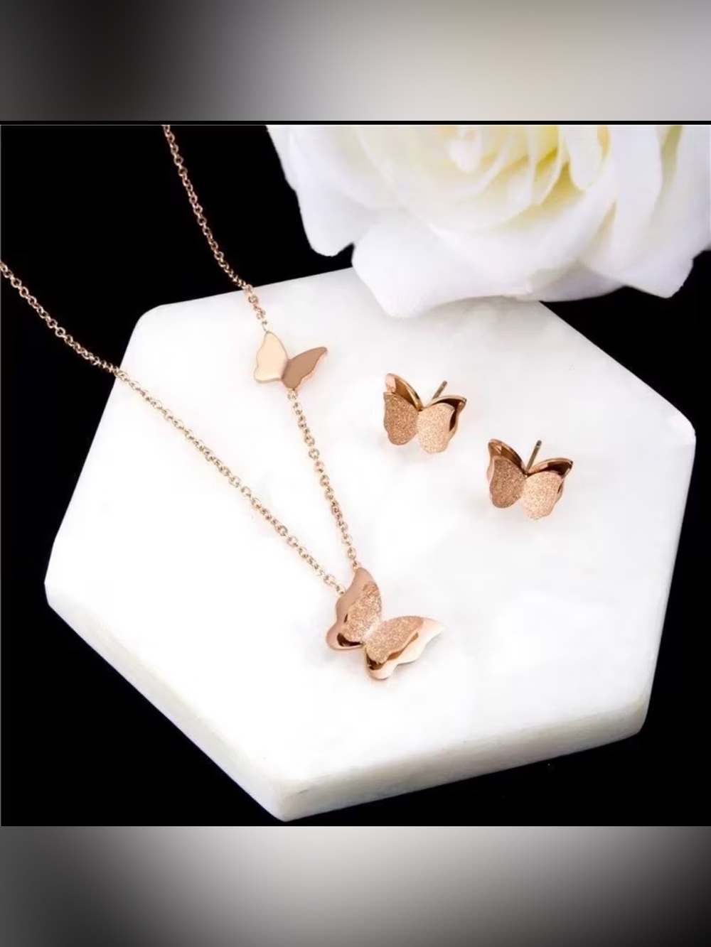 Butterfly Rose Gold Necklace and Stud Earrings Set - Women Jewelry